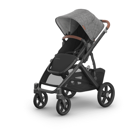 UPPAbaby Vista V3 Greyson Stroller. Charcoal Grey Fabric, Carbon Frame and Chestnut leather handle and bumper bar accents.