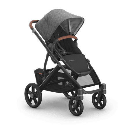 UPPAbaby Vista V3 Greyson Stroller. Charcoal Grey Fabric, Carbon Frame and Chestnut leather handle and bumper bar accents.