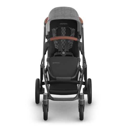 UPPAbaby Vista V3 Greyson Stroller. Charcoal Grey Fabric, Carbon Frame and Chestnut leather handle and bumper bar accents.