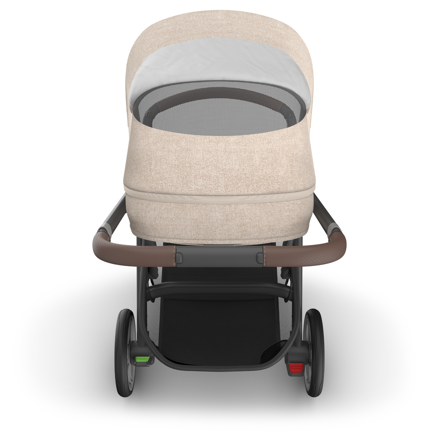 UPPAbaby Cruz v3 in beige canopy and black stroller frame on a white background showing back sun canopy open and inside basket.