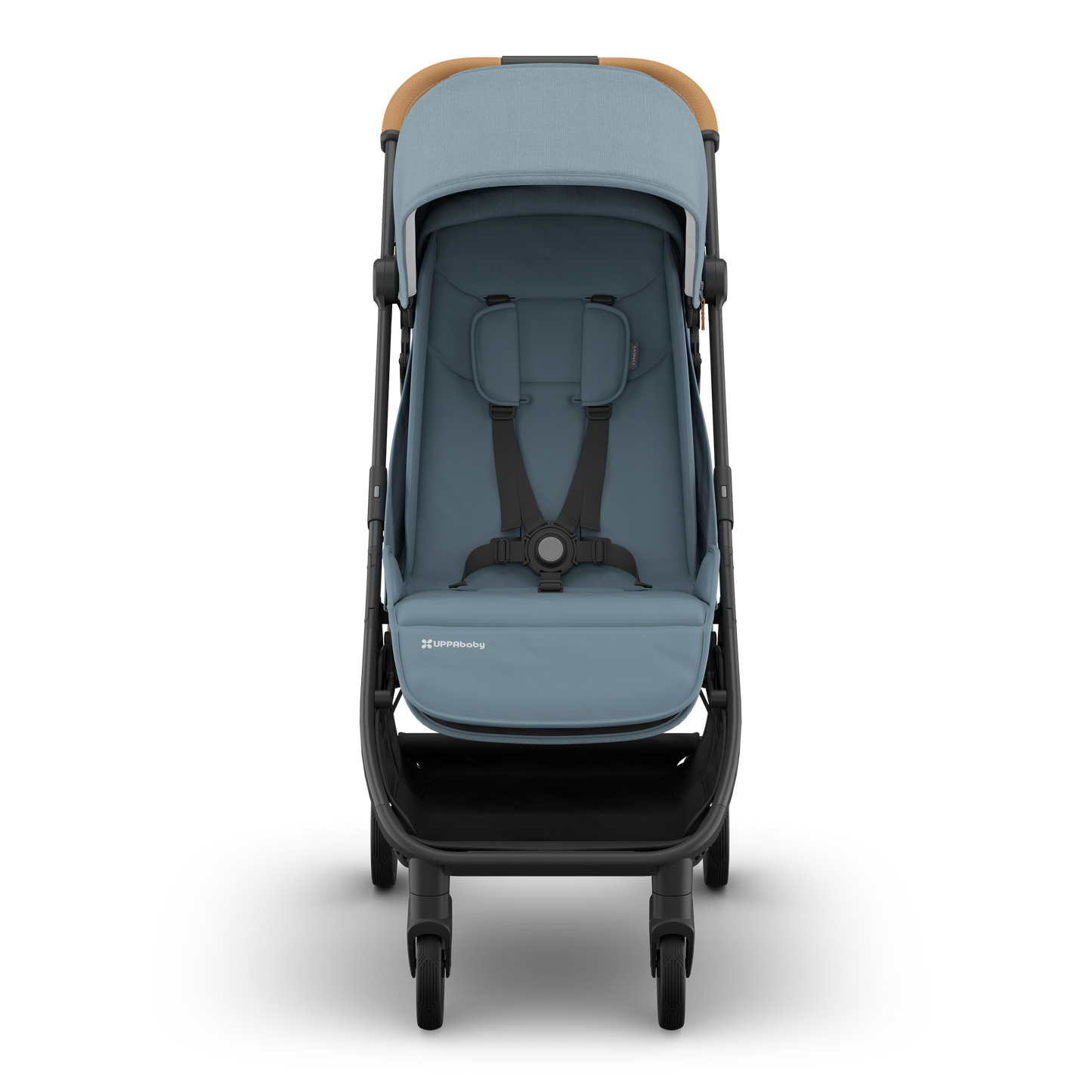 Travel stroller with blue fabric seat and canopy. Black frame and tan leather handle