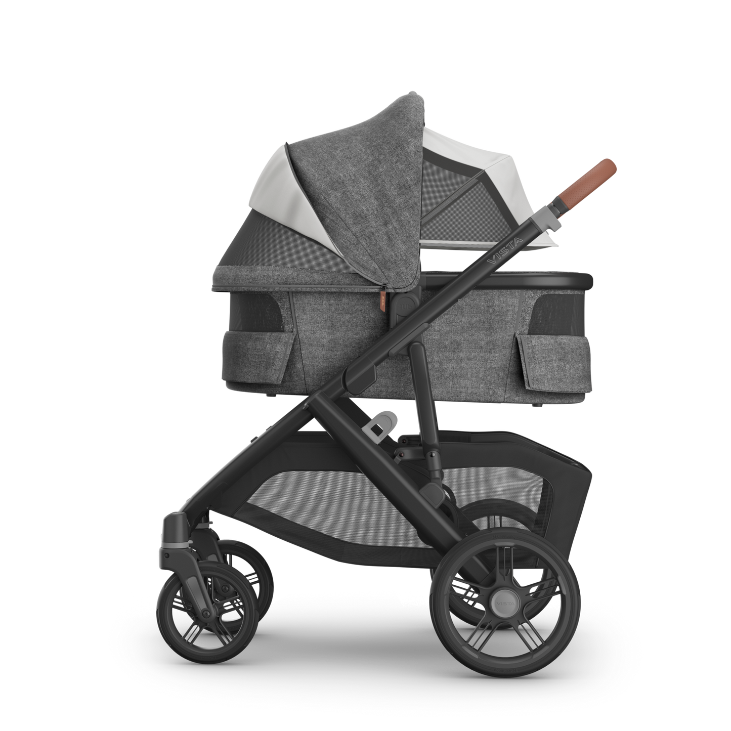 UPPAbaby Vista V3 Greyson Stroller. Charcoal Grey Fabric, Carbon Frame and Chestnut leather handle and bumper bar accents. With Bassinet featured with privacy window shown.
