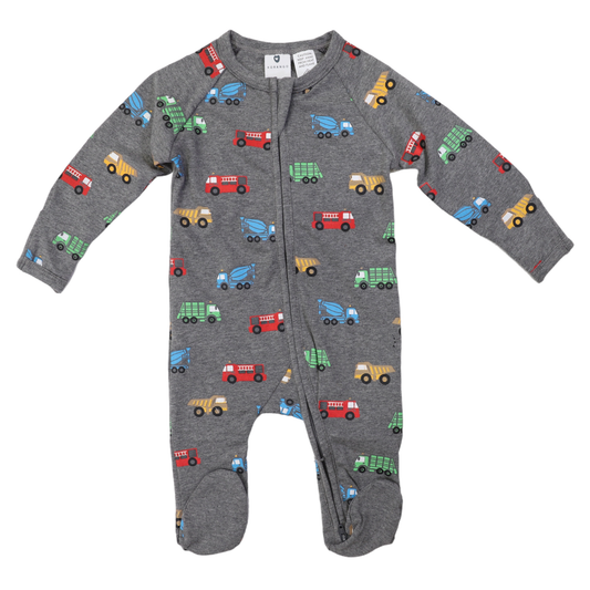 Charcoal Base romper with all over colourful truck print. Front zip and Feet. 