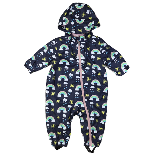 Navy all in one zip suit with hood and all over rainbow an sunshine print  Pink lining. 