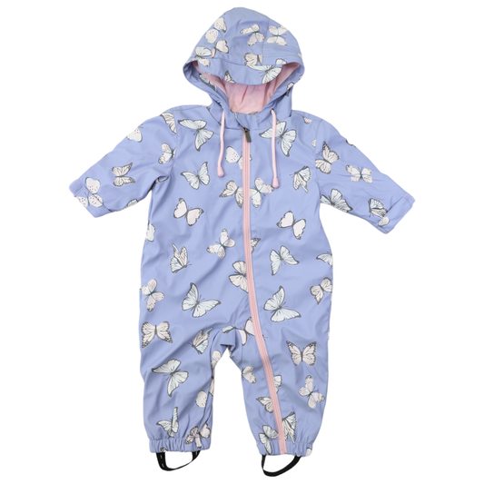 Lilac all in one rainsuit with hood and all over white butterfly print that changes to coloured when wet. 