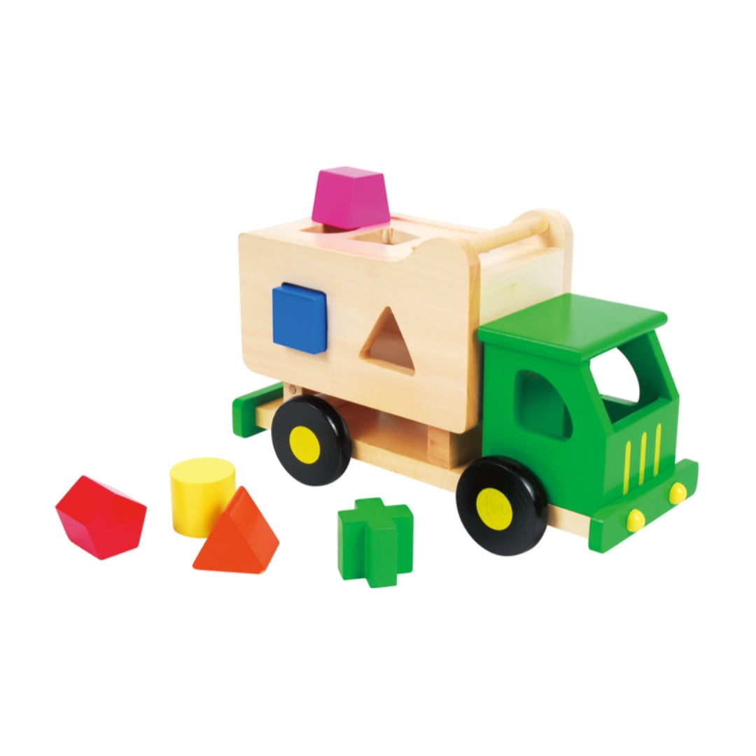 Colourful wooden toy truck with shape sorting feature on a white background