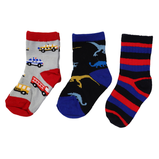 Korango Cars & Dinosaur Socks 3pk Assorted