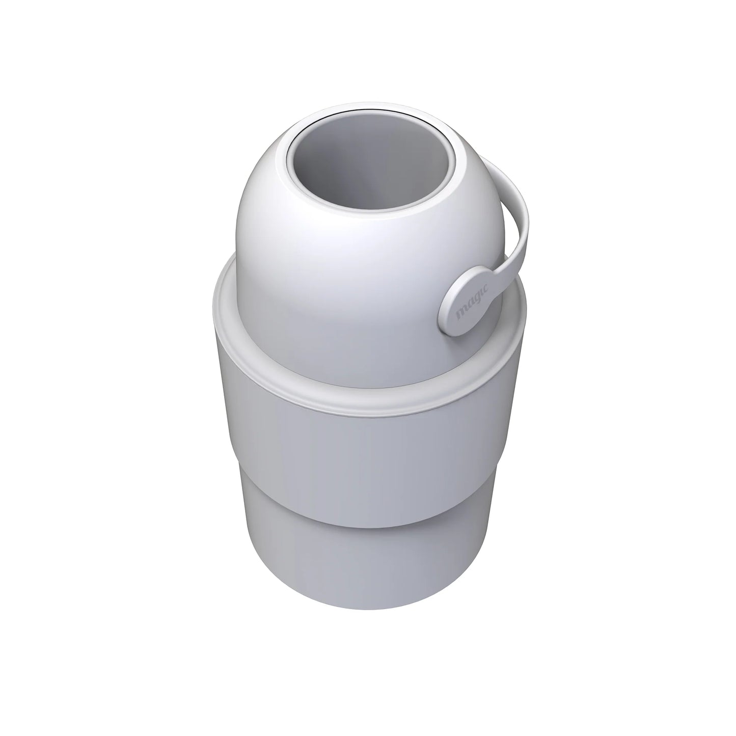White Nappy bin can with a white lid on a white background
