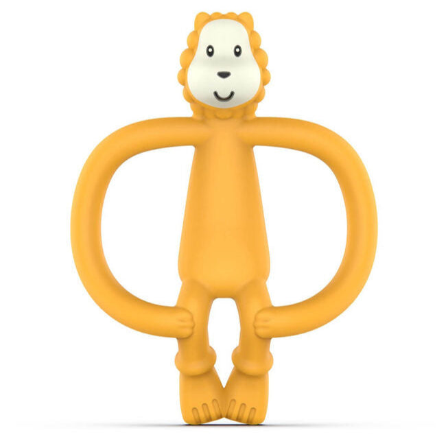 Yellow lion silicone teething toy in gift pack.