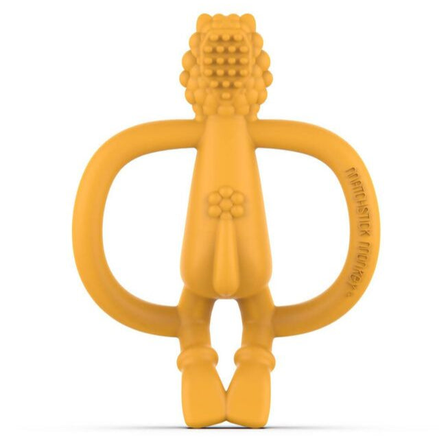 Yellow lion silicone teething toy in gift pack.