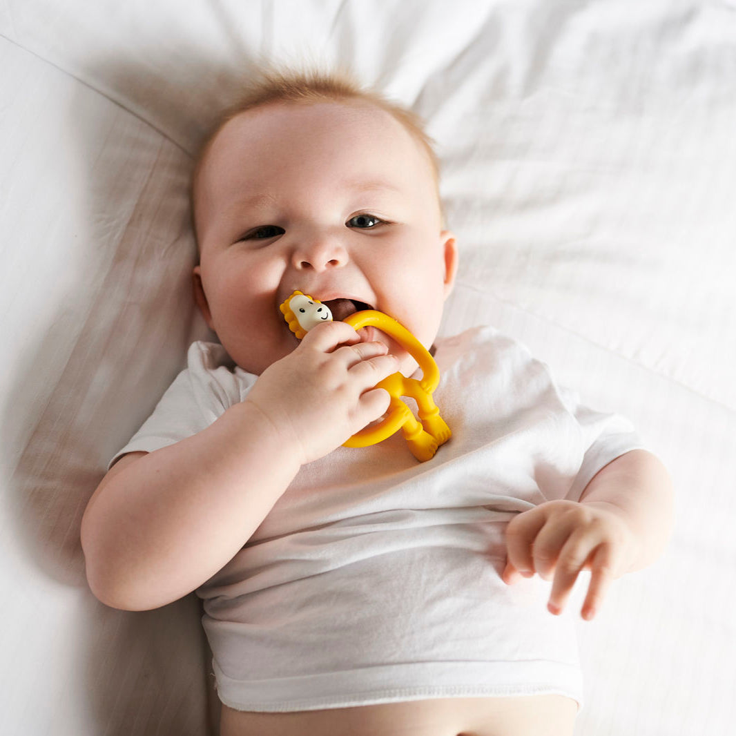 Yellow lion silicone teething toy in gift pack.