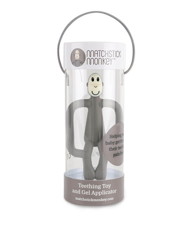 Grey silicone monkey teething toy in gift box.