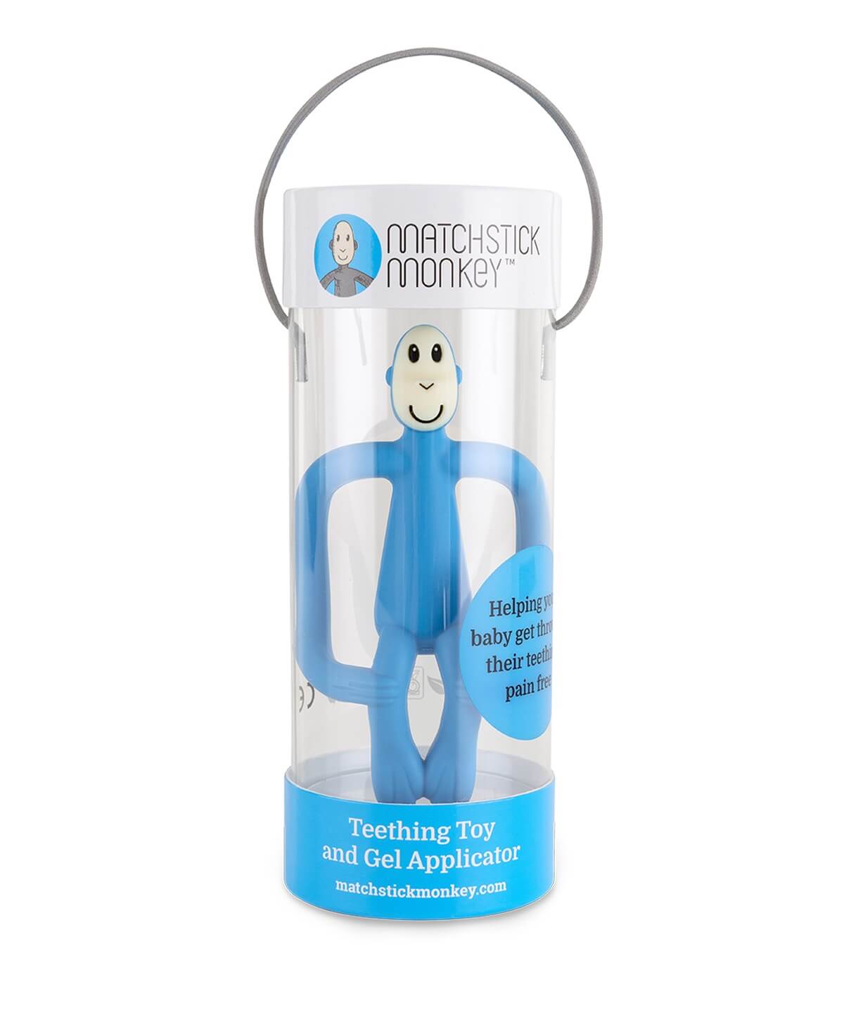 light blue silicone monkey teething toy in gift pack.