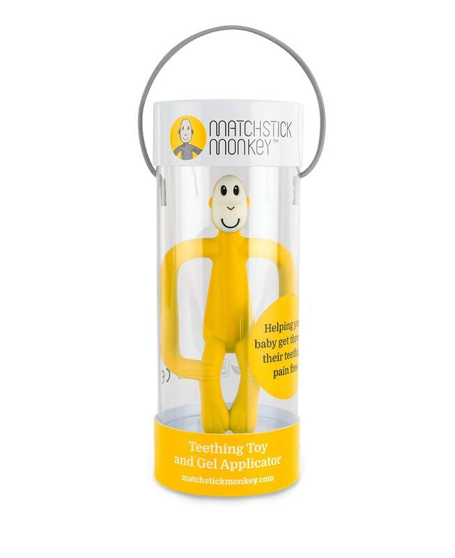 Yellow silicone teething toy monkey in gift box.