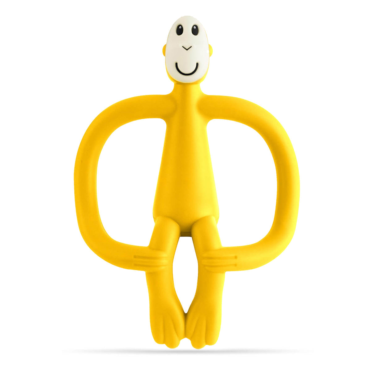 Yellow monkey-shaped teether on a white background