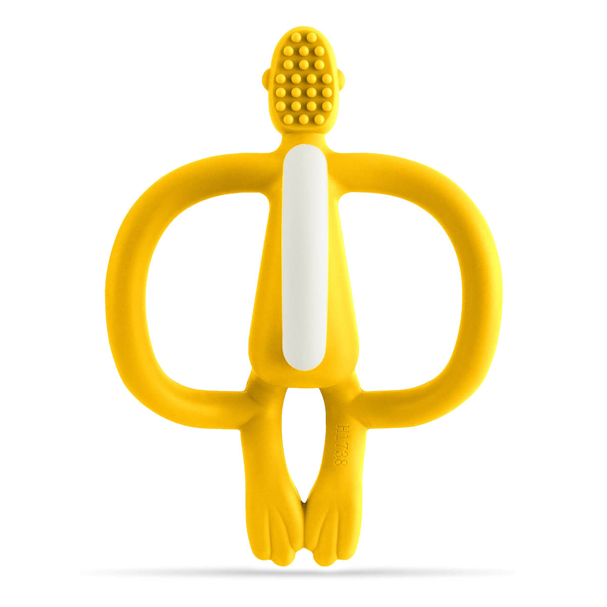 Yellow baby teether with a white center on a white background