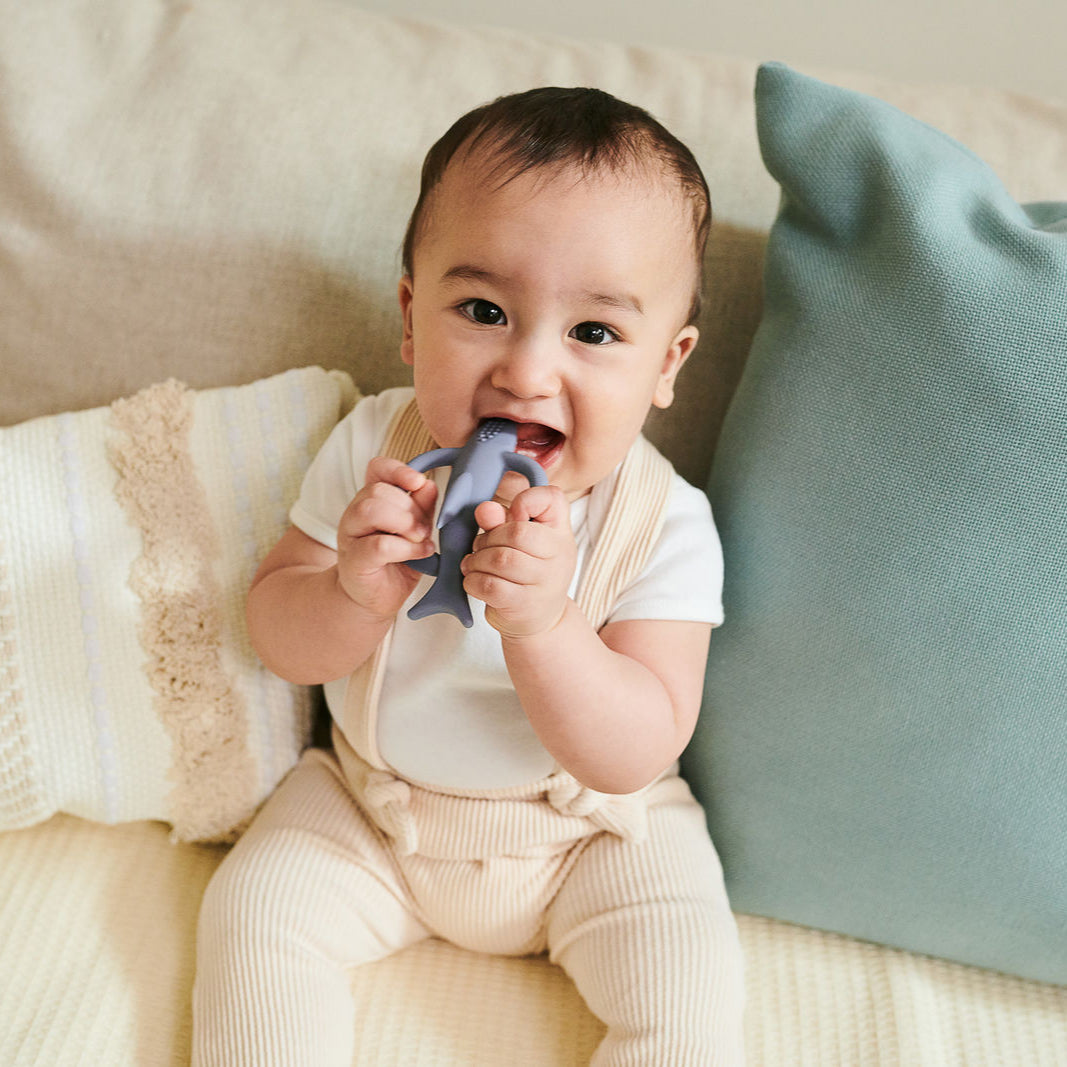 Grey and white shark silicone teething toy