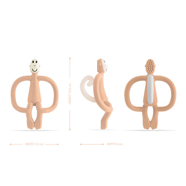 Three peach silicone monkey baby teething toys with measurements on a white background