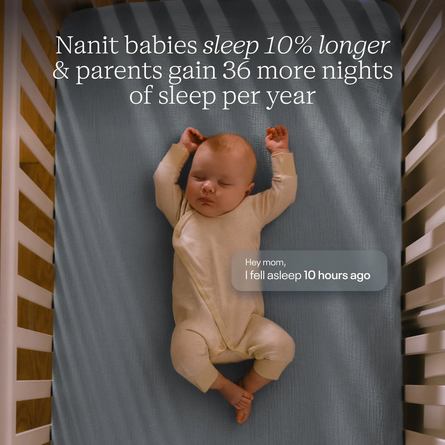 Baby in a crib with text about Nanit babies sleeping longer and parents gaining more sleep.