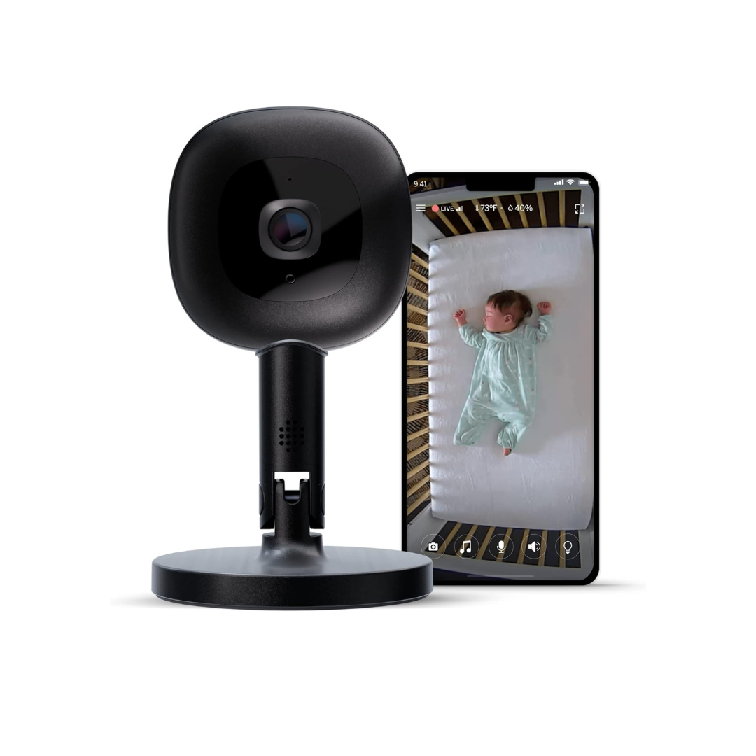 Black Nanit Baby camera with a smartphone displaying a baby on Black Flex stand on a white background
