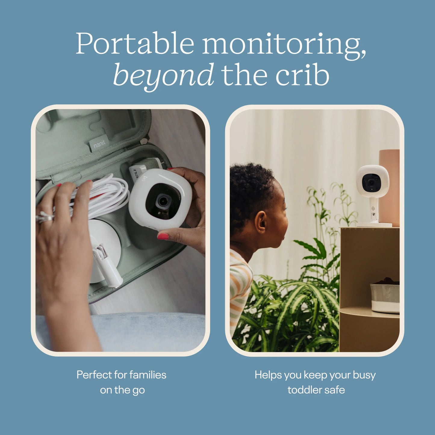 Nanit Baby monitor with flex stand advertisement for portable monitoring device with text on a blue background