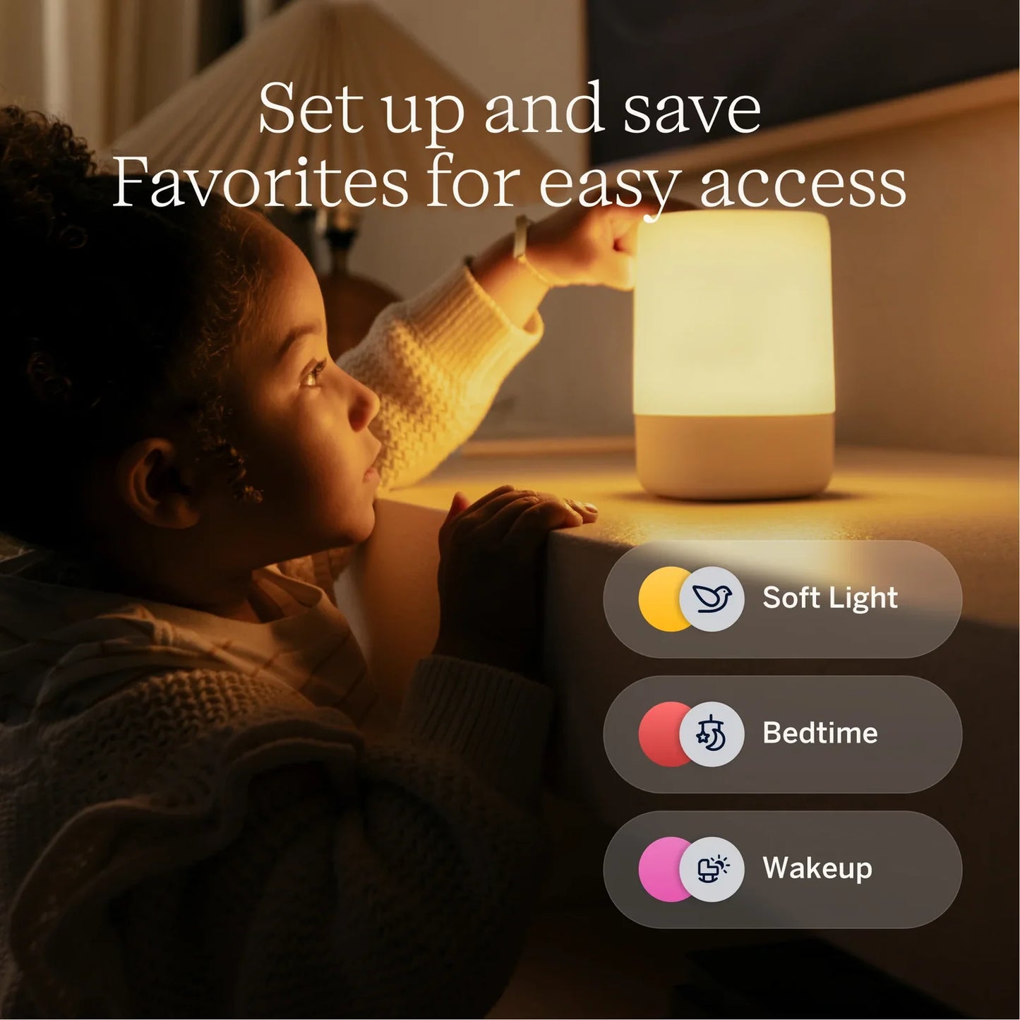 Child interacting with a glowing night light, with interface options for soft light, bedtime, and wakeup modes.