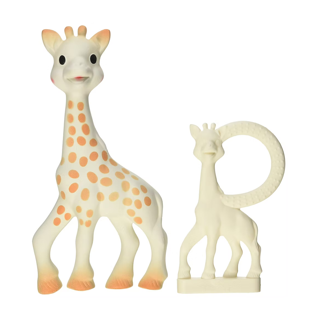 Two giraffe toys, one original and one smaller teether on a white background.