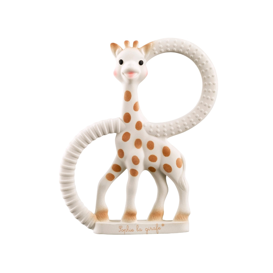 Giraffe-shaped teething ring on a white background