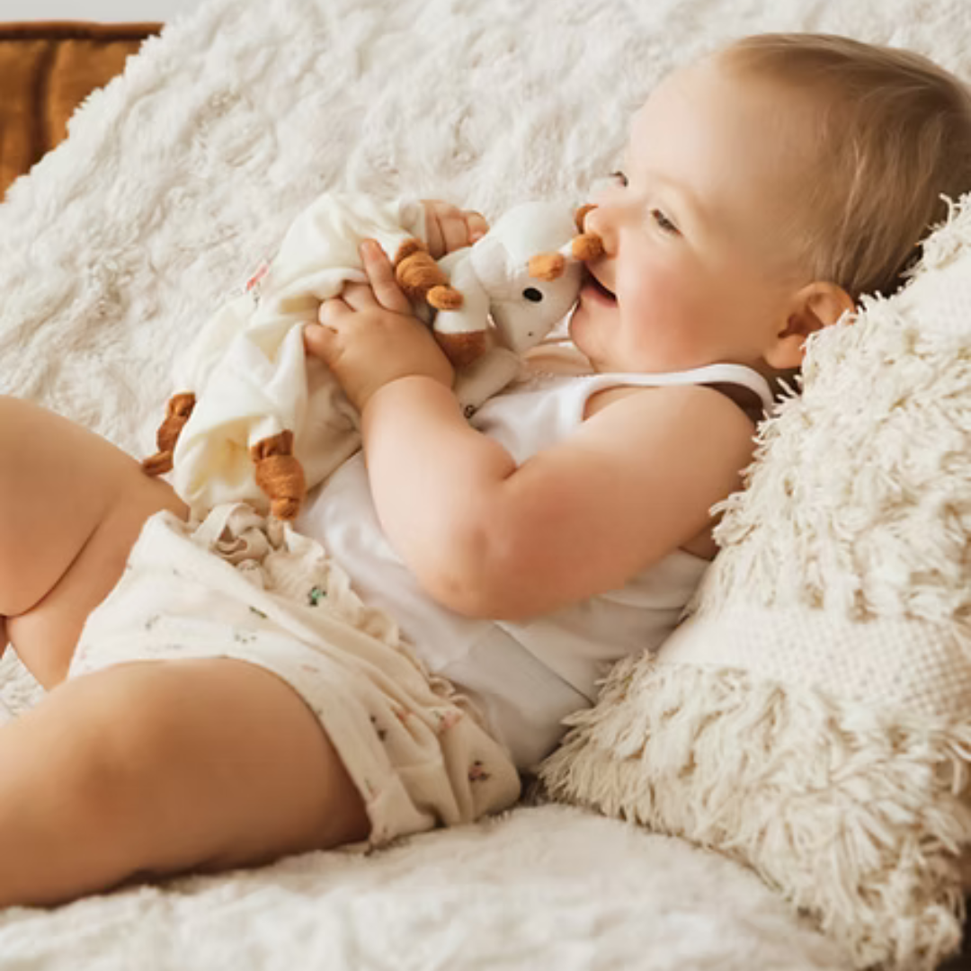 Baby lying on a soft surface with sophie la giraffe toy, surrounded by cozy blankets.