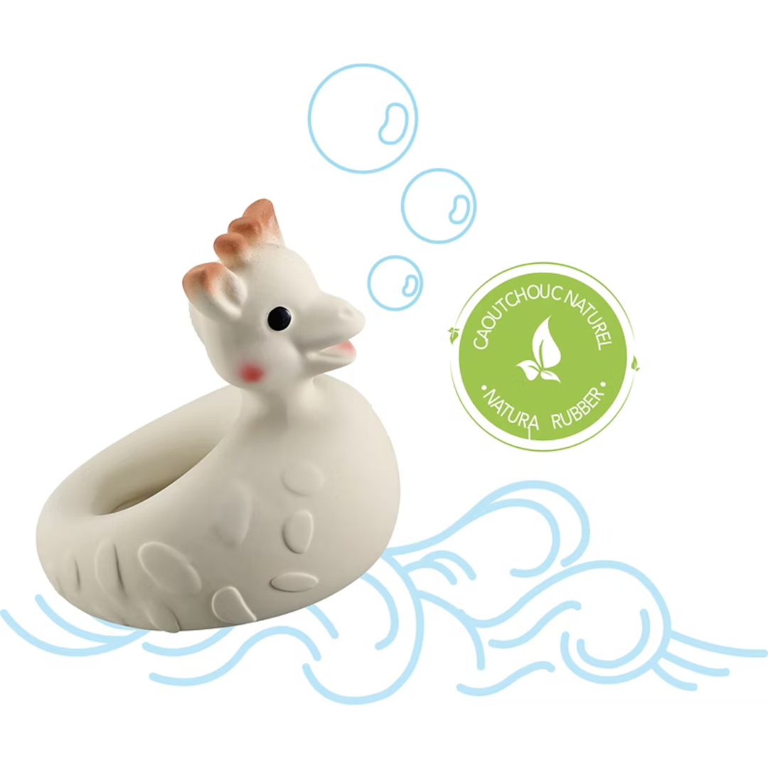 White rubbersophie the giraffe bath toy with bubbles and a green label on a white background