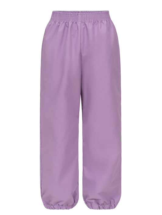 Straight leg rain pant with elastic waist in lavender colour-way. 