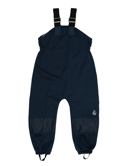 Rain overalls in navy with black straps and black elastic cuffs with stirrups. 