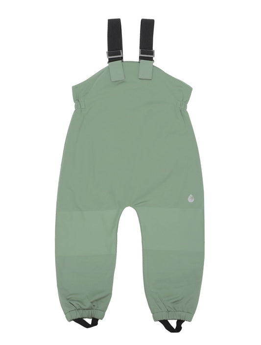 Rain overalls in Basil colourway with black straps and black elastic cuffs with stirrups. 