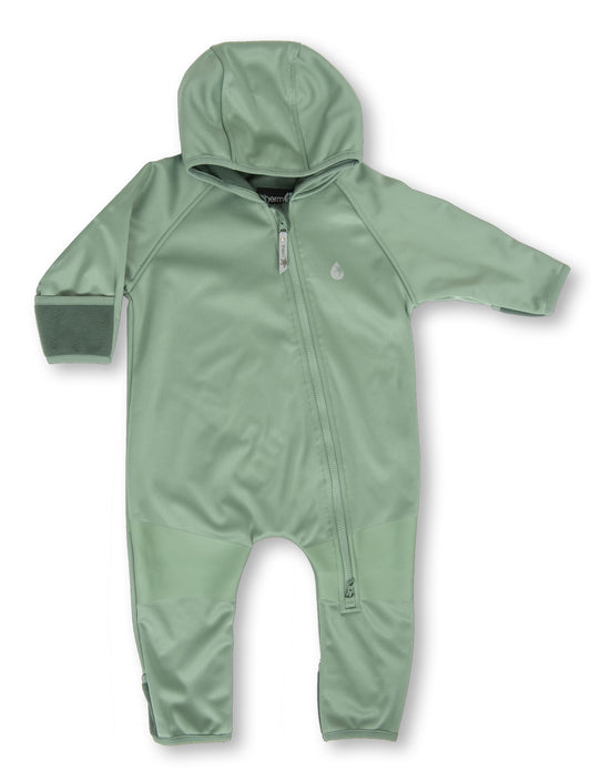Baby all in one rainsuit with hood. Basil all over colour. 