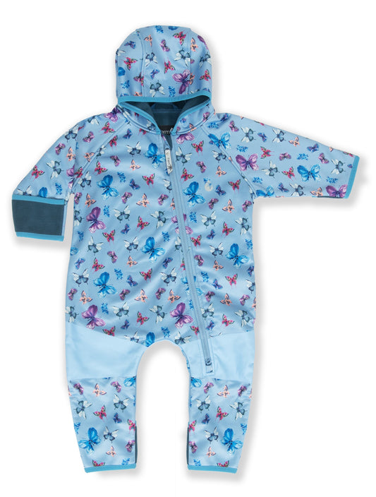 Baby and toddler all on one rain suit with front zip and hood. Light blue base with all over colourful butterfly print. 