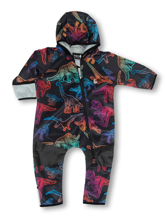 Baby and toddler onesie rainsuit with front zip and hood. Black base with all over neon dinosaur print. 