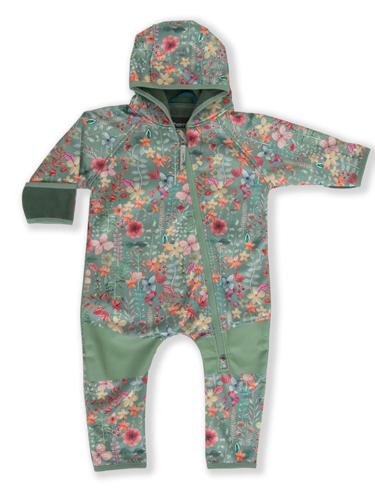 Baby and toddler all in one rainsuit with front zip and hood. Basil green base with pastel floral flower print all over. 