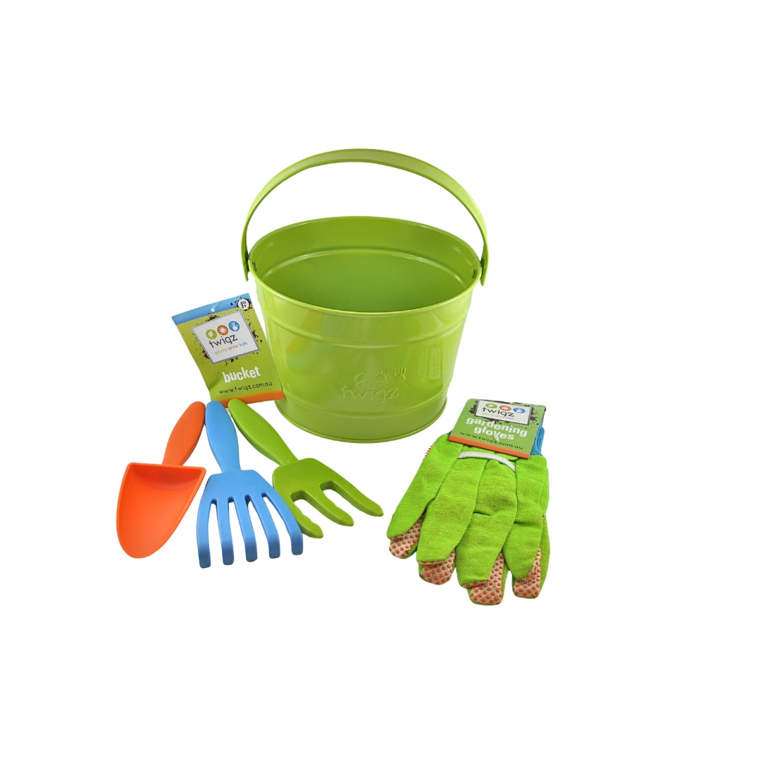 Green gardening bucket with tools and gloves on a white background