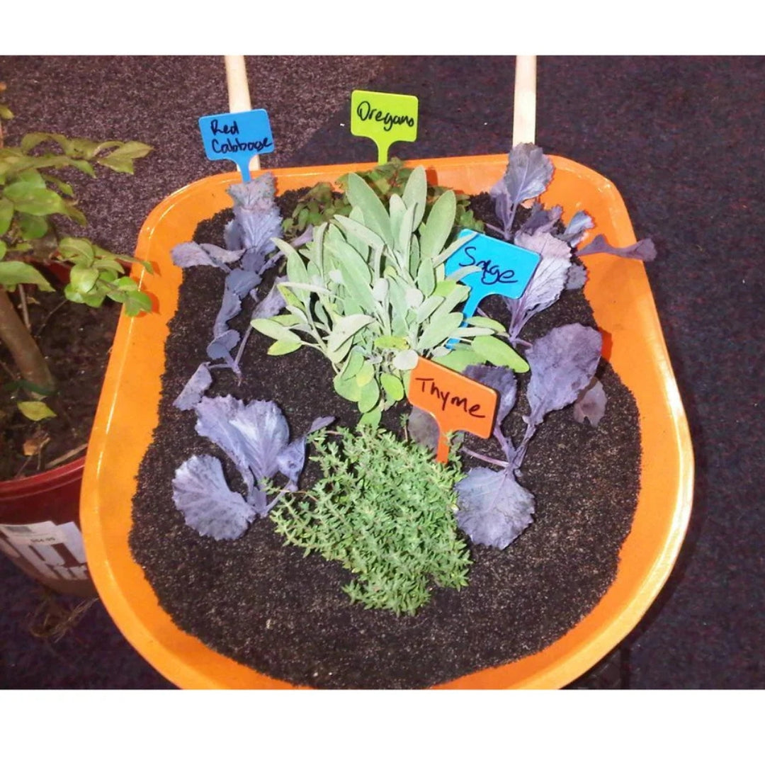 garden be with labels on in orange bucket