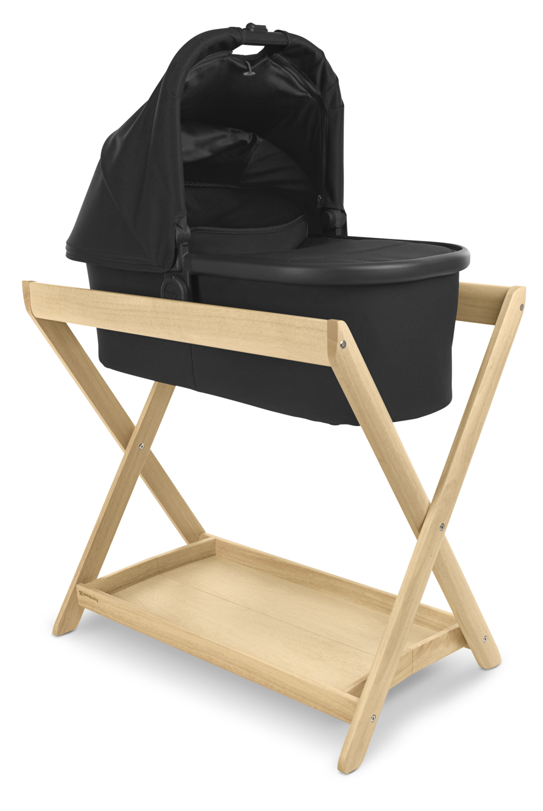 Natural bassinet stand for UPPAbaby bassinet showing black bassinet attached.