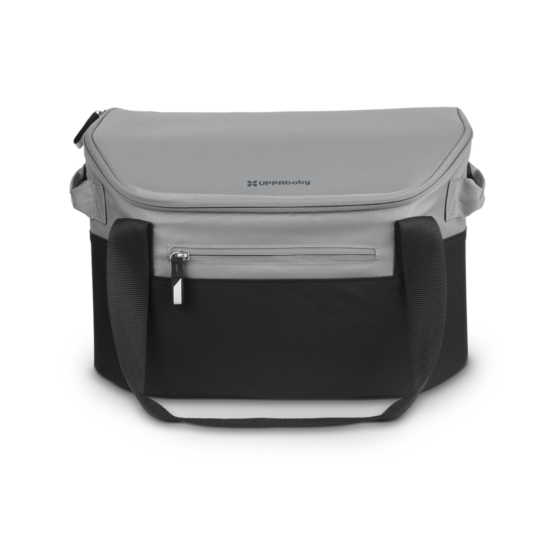 UPPbaby Bevvy Cooler Bag black and grey with UPPAbaby logo on lid. Fits inside stroller basket.