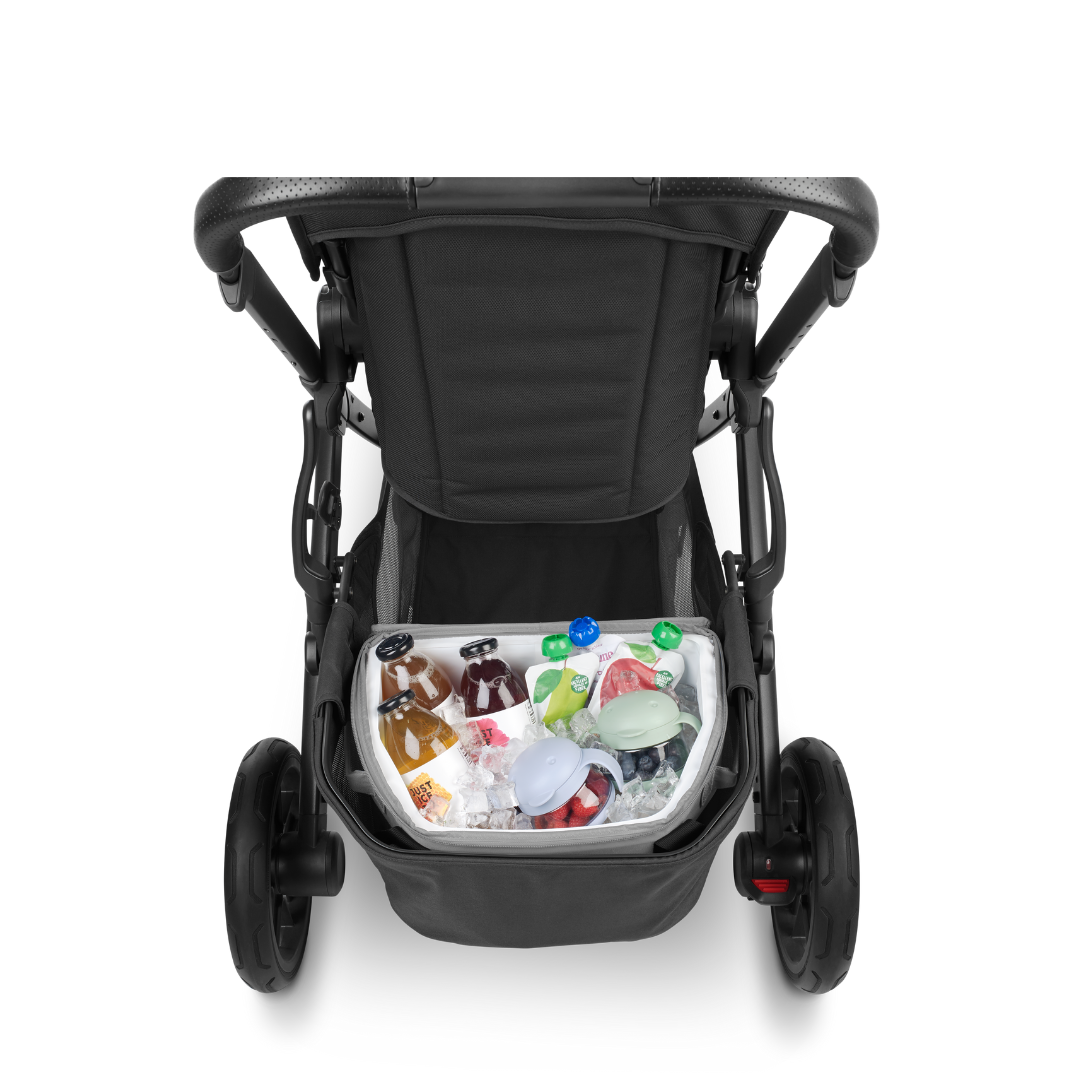 UPPbaby Bevvy Cooler Bag shown in stroller basket with beverage's inside it.