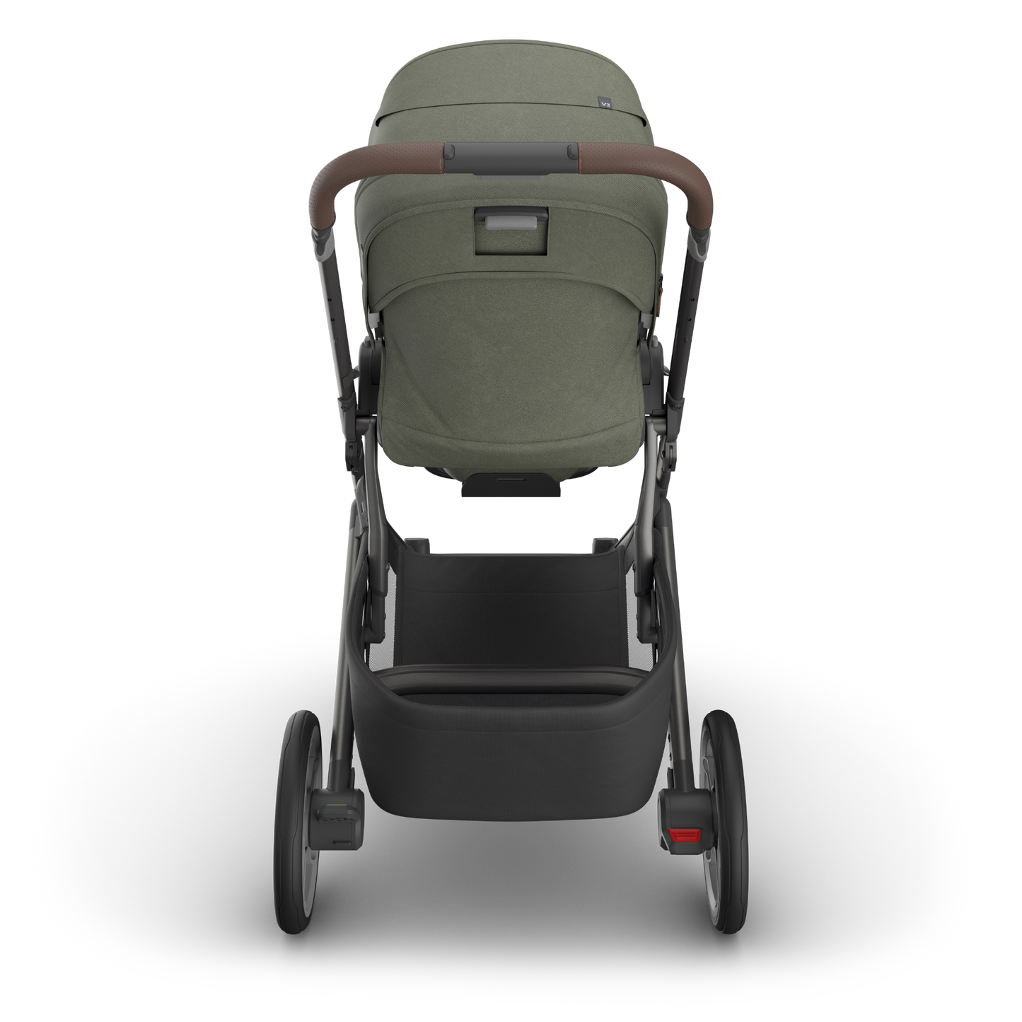 UPPAbaby Cruz V3 Stroller with Moss Green Canopy and Carbon frame with chestnut leather accents on white background.
