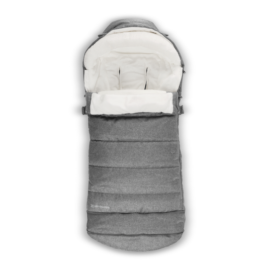 Gray and white baby stroller footmuff on a white background