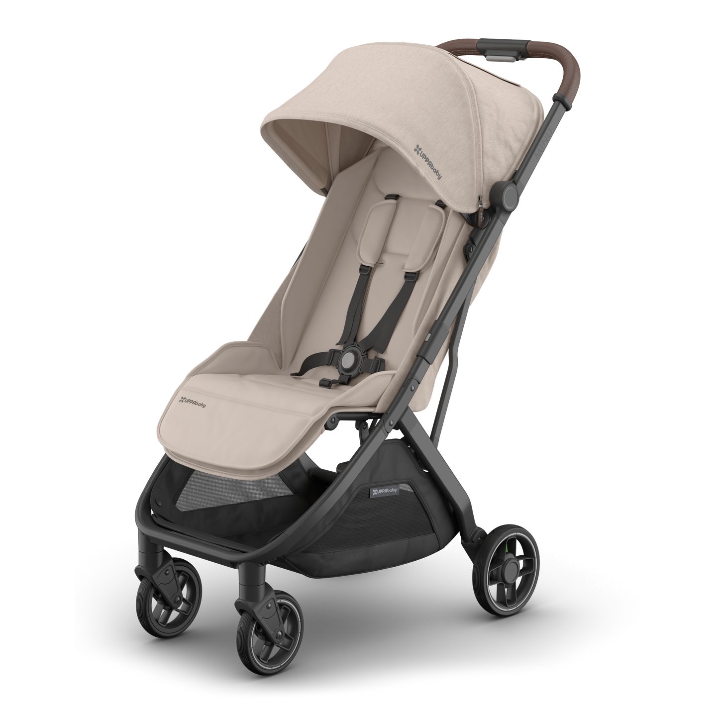 Beige UPPAbaby travel stroller with black frame on a white background