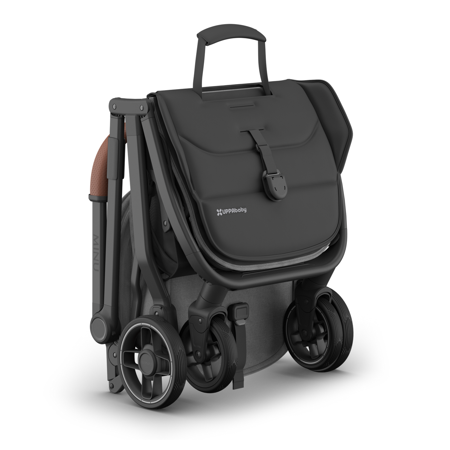 Travel stroller with charcoal canopy, black frame and tan leather handle. Folded.