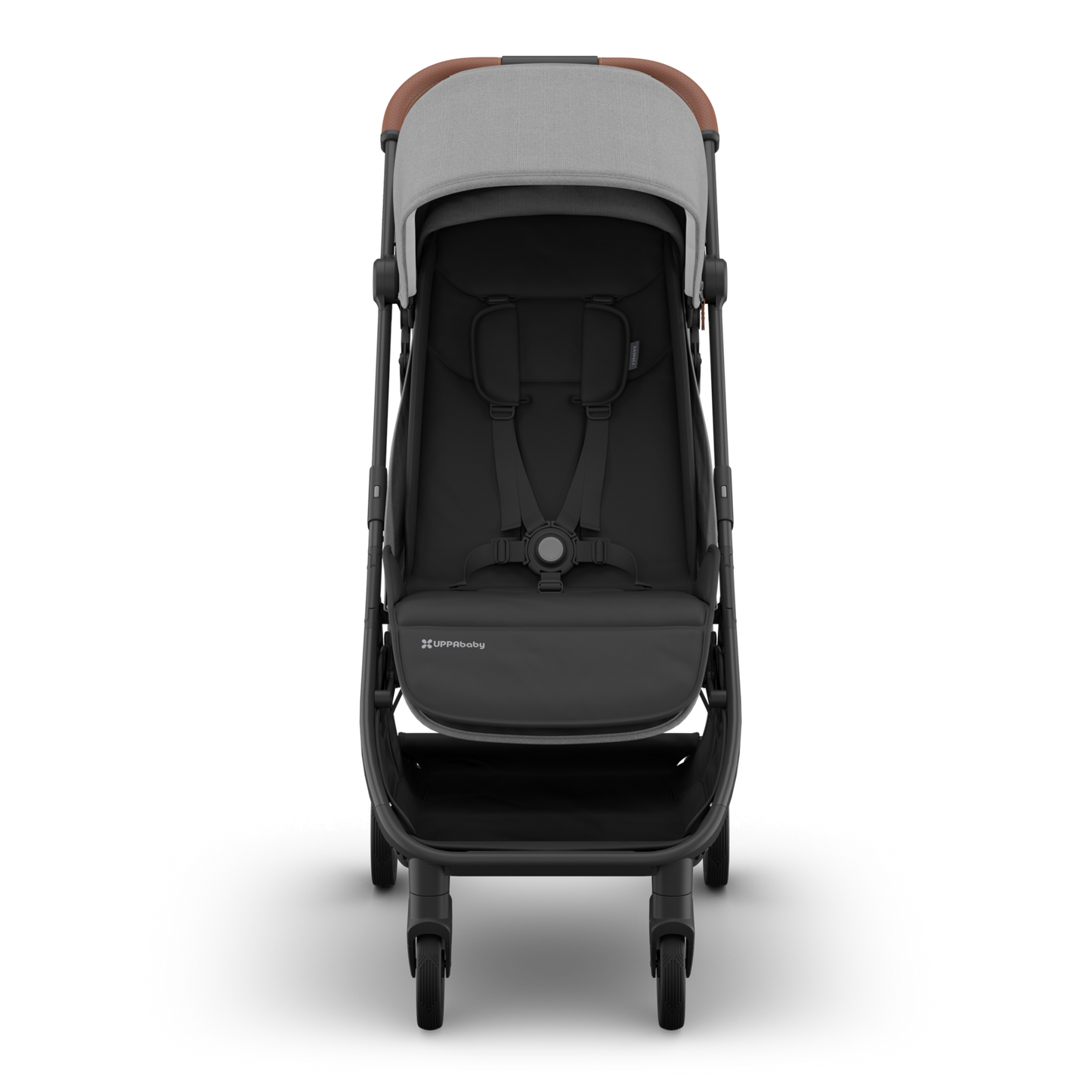 Travel Stroller with charcoal canopy, carbon frame with tan saddle leather handle.