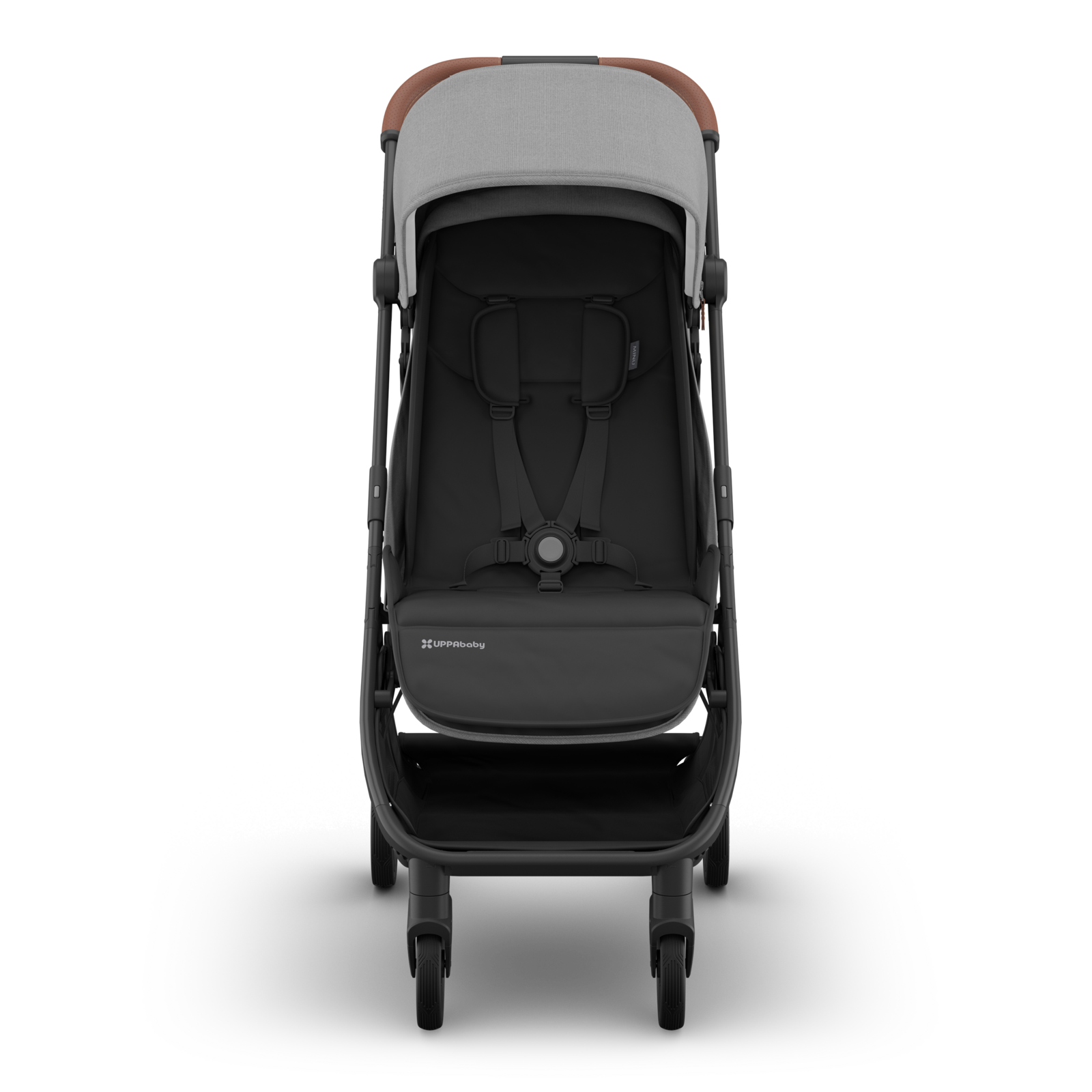 Travel Stroller with charcoal canopy, carbon frame with tan saddle leather handle.