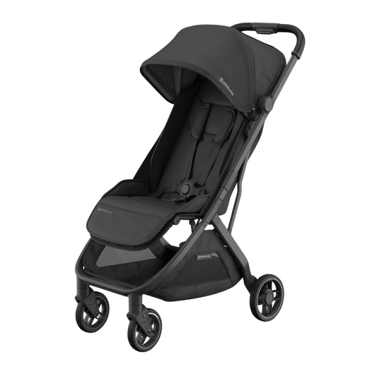 Black travel stroller with black frame and black leather handle.