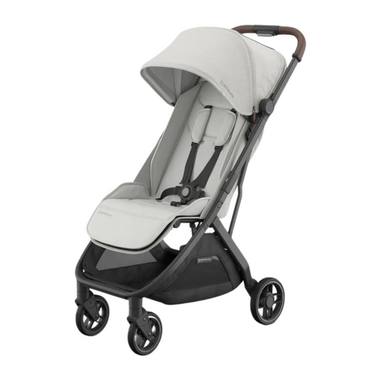 Pearl grey fabric, carbon frame and saddle leather.